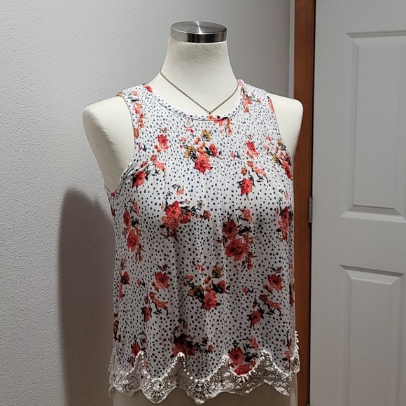 REWIND TANK TOP FLORAL PRINT WHITE SLEEVELESS WOMEN RAYON  SIZE XS CROCHET CAMI - Picture 2 of 13